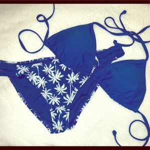 Blue Bikini w/ White Palm Print